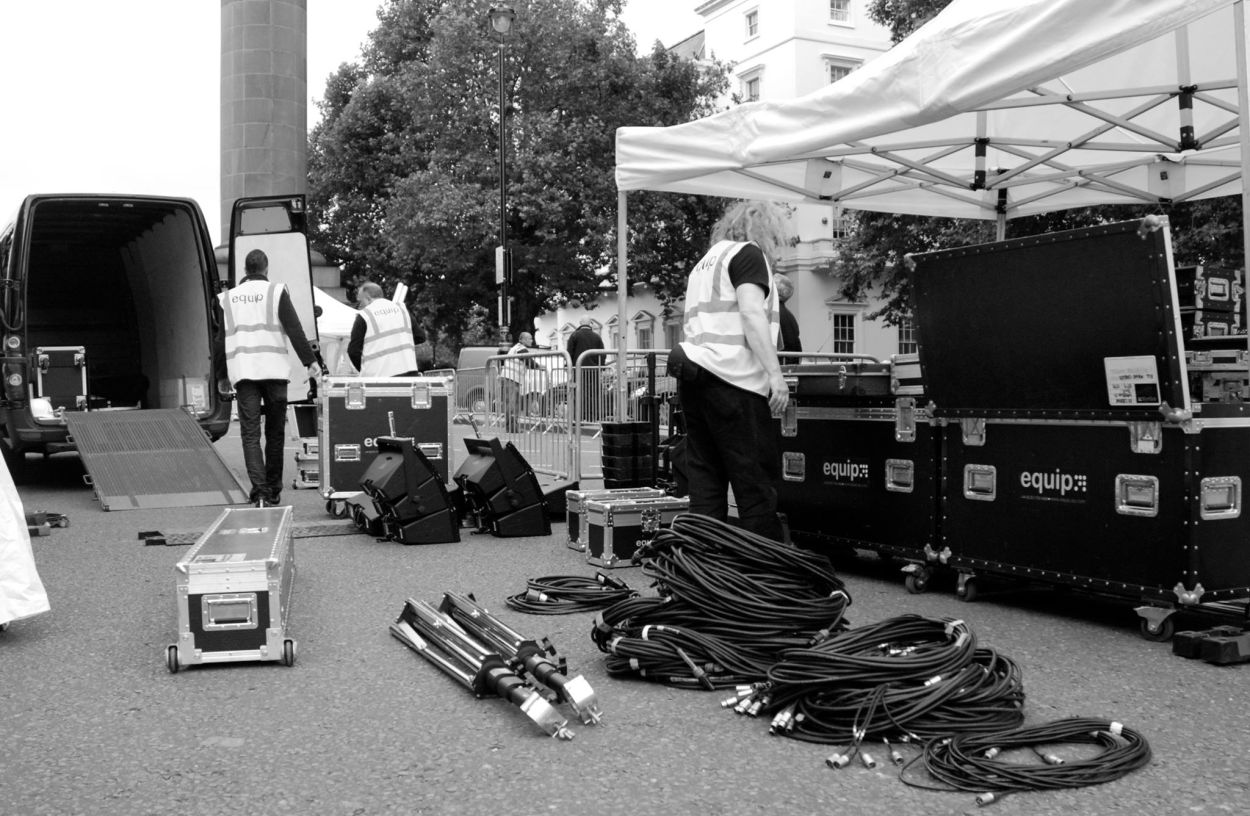 Events crew for equip with cables, road boxes and a van.