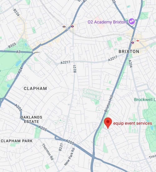 map showing equip event services near Brixton, Londone.