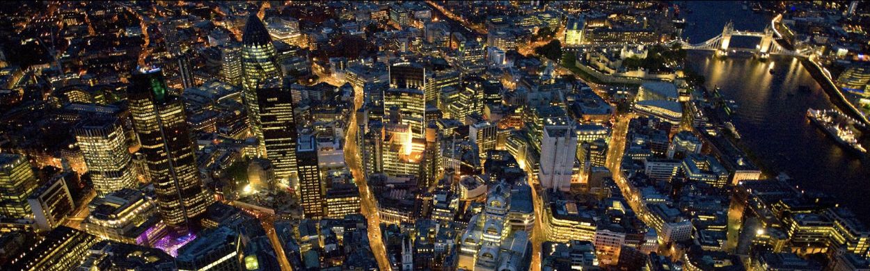 Nighttime aerial photo of The City of London.